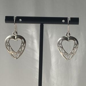 Vintage Sterling Silver 925 Filigree Openwork Heart Drop Earrings Romantic